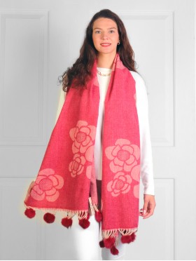 Cashmere Feeling Floral Scarf with Pom-Poms Cashmere Feeling Floral Scarf with Pom-Poms